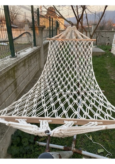 Tek Kişilik Çift Örgülü Makrome Pamuk Hamak Salıncak 95x220 Cm Beyaz