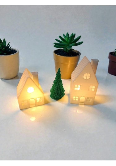 Işıklı Ev Ve Çam Tealight Dekorasyon Seti Pilli Işıklı Beyaz