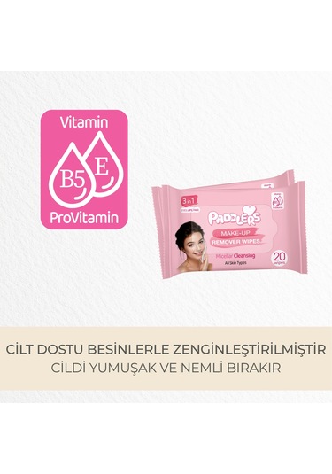 Paddlers 3'ü 1 Arada Makyaj Temizleme Mendili 6 x 20'li