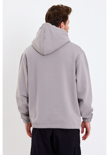 JAHR MARC Açık Gri Nakışlı Oversize Erkek Sweatshirt Krem