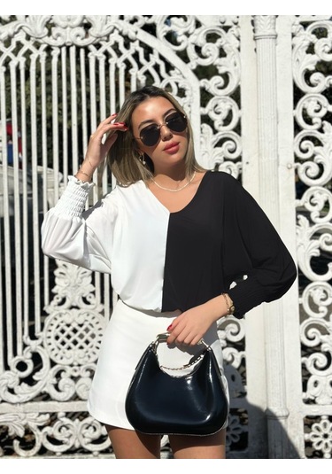 Kadın Uzun Kollu V Yaka Kol Ağzı Gipeli Sandy Bluz Antrasit Melanj