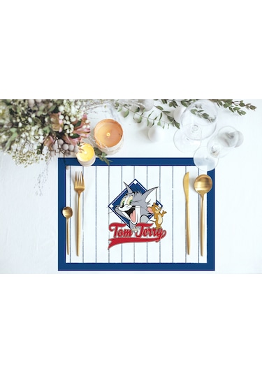 Adawall Home Lacivert Çizgili Tom & Jerry Kumaş Amerikan Servis 4 Çok Renkli