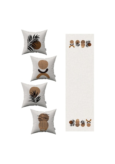 Kahverengi Siyah Bohem Tarz Yaprak Desenli 4'lü Kırlent Kılıfı 1 Runner Seti 4kmbs113-rs