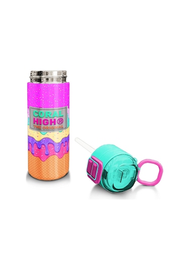 Coral High Kids Pembe Rengarenk Dondurma Desenli Pipetli Ve Direkt İçim Çelik Termos 500 Ml 31938 Pembe