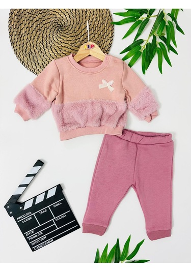 Kelebek Fiyonk Detaylı Belde Ve Kolda Peluş Detaylı Kışlık 2 Parça Takım Pembe