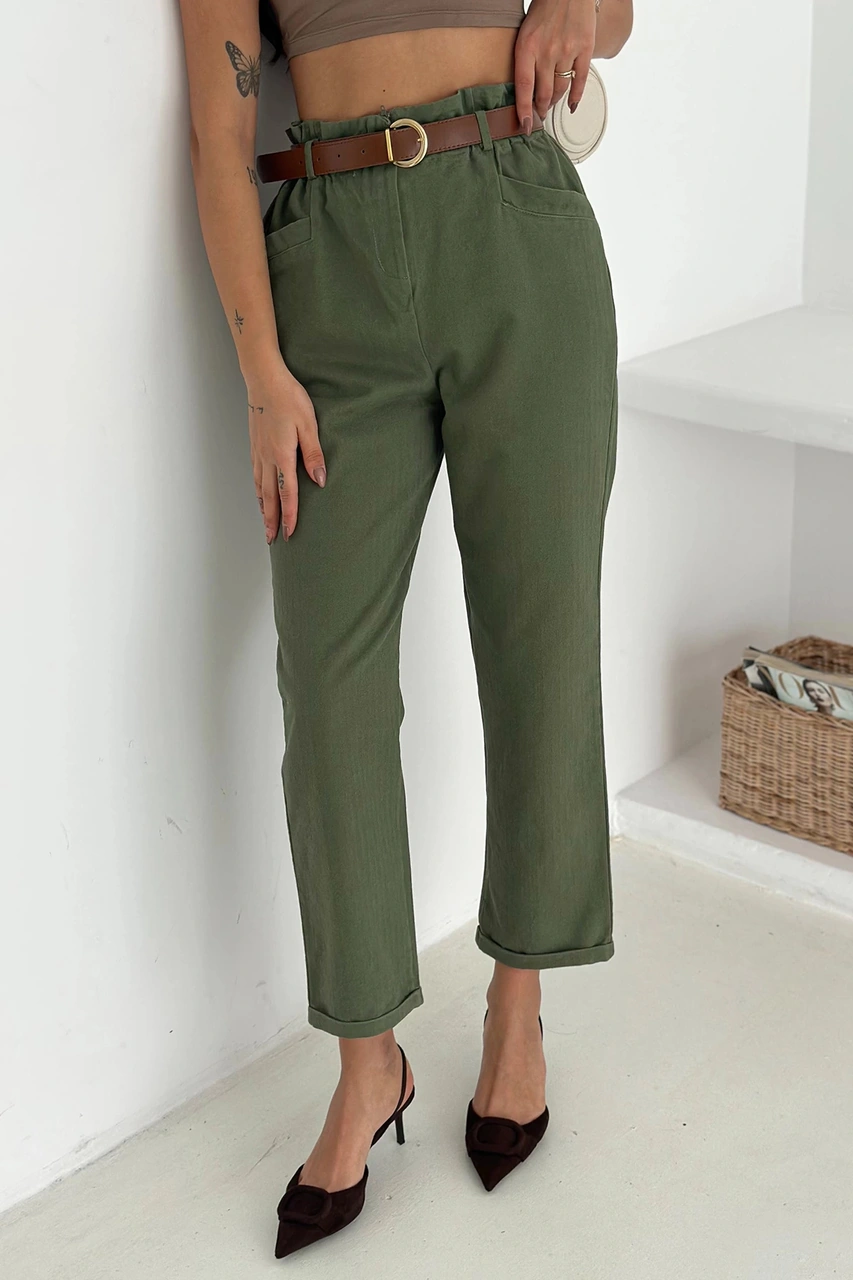 Yıkamalı Pamuk Yağmur Gabardin Yüksek Bel Pantolon Haki Haki