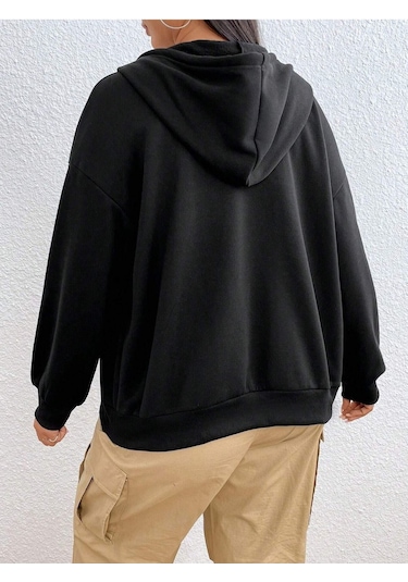 Basic Düz Hırka - Siyah Oversize Kapüşonlu Siyah