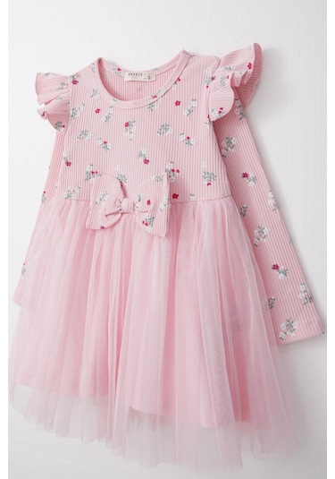 Breeze Çiçekli Fiyonklu Tüllü Uzun Kollu Kız Çocuk Elbise - Pembe