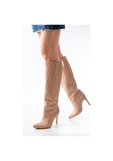 Syt-2004 Bej Kroko Günlük Kadın Çizme Siyah