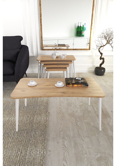 Milas 5li Orta Sehpa Ve Zigon Sehpa Çam Ahşap Ayaklı Sehpa