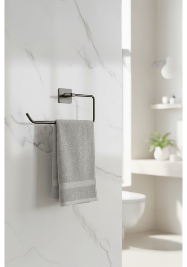 Siyah Yapışkanlı Solo Havluluk Kare Topuzlu, Yapıştır/vidala Montajlı Metal Banyo Askısı - S-110 - Kts Siyah