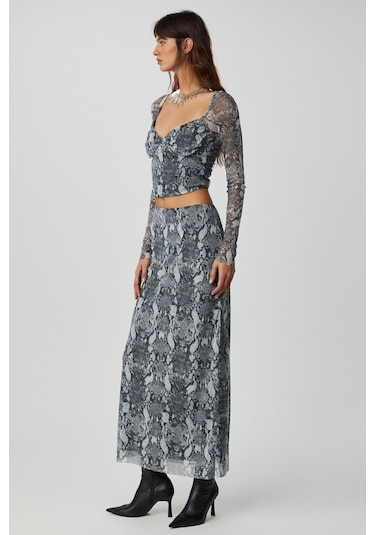 GRIMELANGE Beulah Kadın Maxi Boy Slim Fit Beli Lastikli Tül Batik Desenli Yılan Desenli Etek Yılan Desenli Çok Renkli