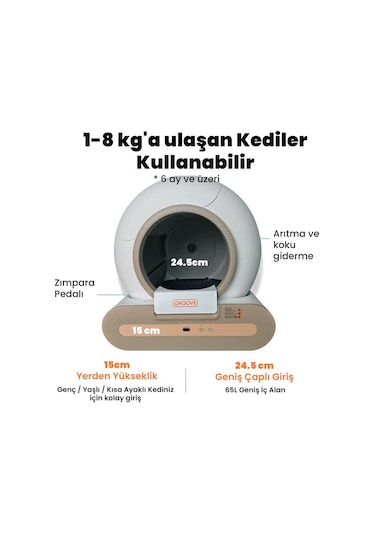 Groove Ti+ 65l Wi-fi Otomatik Akıllı Kedi Tuvaleti Kahverengi Ultra Sessiz+app Kontrol+akıllı Sensör+uv Filtre