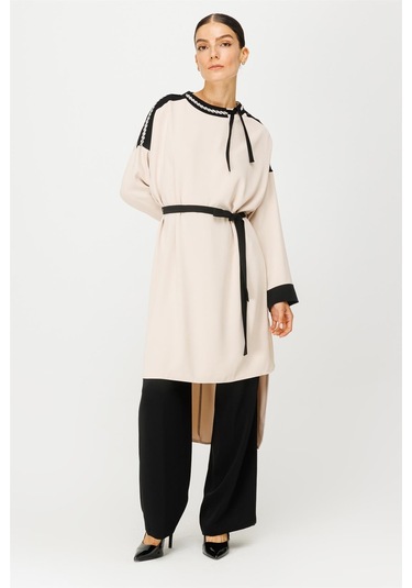 Yakası Taş İşleme Detaylı Kuşaklı Tunik Pantolon Takım Taş-taş Taş