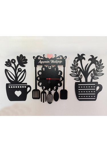 3 Lü Set Ahşap Mutfak Saati Ve Süsü