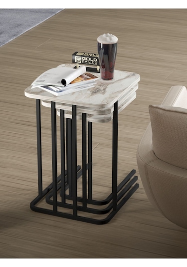 Zigon Sehpa Metal Ayak 3'lü Koltuk Yan Sehpa Zino Efes Ekru