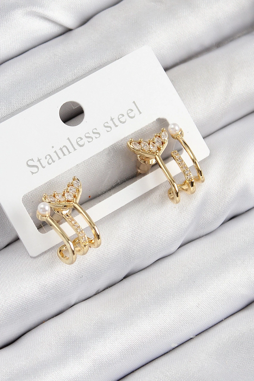 Dodes Dodes Pirinç Zirkon Taşlı İnci Detaylı Balık Kuyruğu Model Gold Renk Kadın Küpe Tg27bkp11093 Çok Renkli