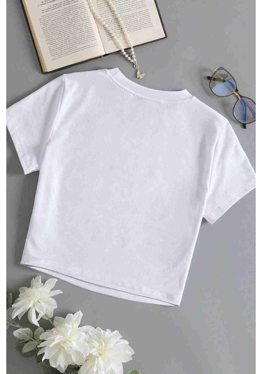 Merry See Pamuklu Yumuşak Dokulu Kısa Kol Bisiklet Yaka Bluz Crop Beyaz 001
