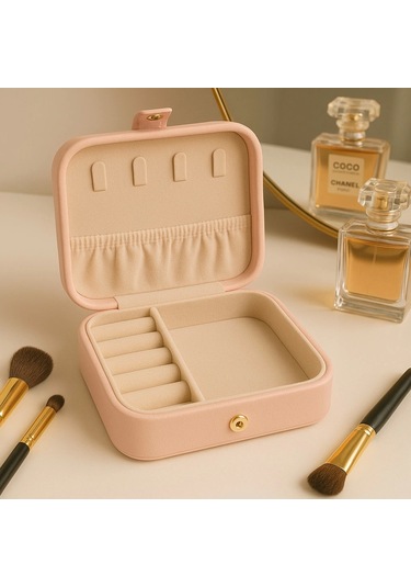 Deri Mini Baklava Desenli Seyahat Takı Bijuteri Mücevher Kutusu Organizer Düzenleyici 11,5cm Pembe İ