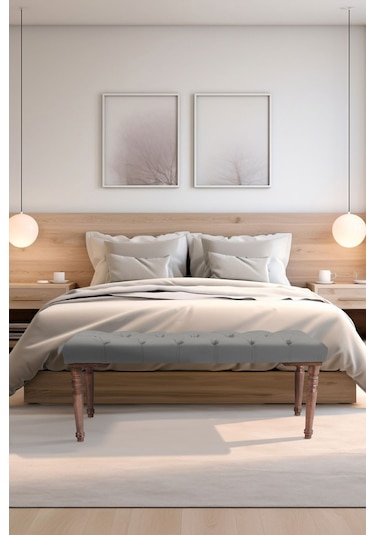 Gazzini Classic Torna Gürgen Ahşap Ayak Chester Model Kapitoneli Gri Puf Bench - Ceviz Ayak