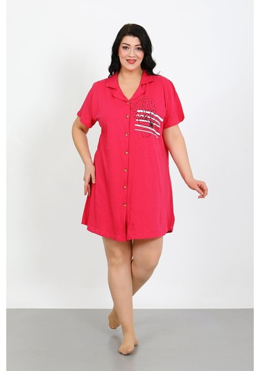 Akbeniz Büyük Beden Penye Düğmeli Fuşya Tunik Gecelik 1025 Fuşya