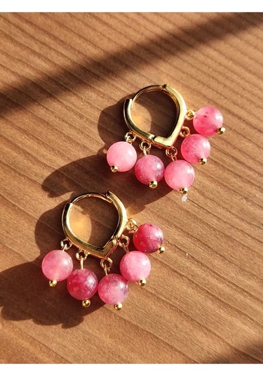 Çilek Kuvars Taşı Altın Kaplama Salkım Küpe Pembe