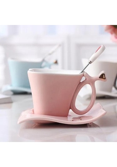 Createtech Mavi Kalp Şeklinde Bardak Set, Sevgililer Günü Hediyesi, Fincan Ve Süt Kaşığı İle Sıcak Kahve Mavi