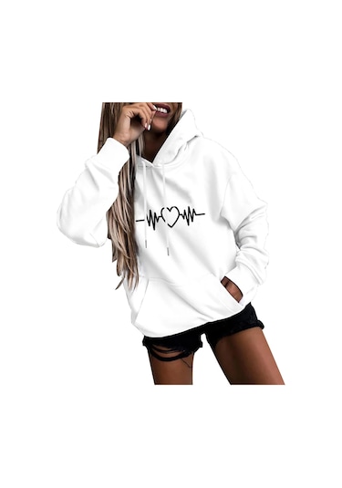 Kaixinjiuhao Kadın Moda Rahat Eğlenceli Baskı Kapşonlu Kazak Gevşek Spor Üstleri Kazak Siyah