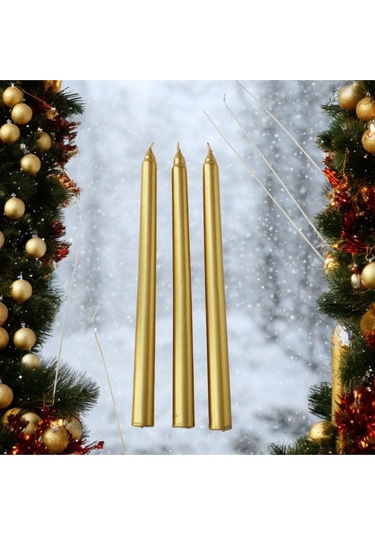 Denic 3 lü Metalik Gold Şamdan Mum Konik Mum