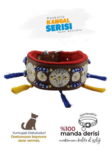 Kangal Malaklı Akbaş Püsküllü Deri Boyun Tasması Kahverengi