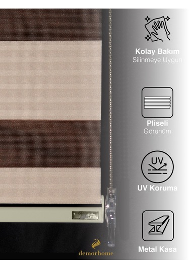 Br Demor Home Geniş Pliseli Latte Rengi Zebra Stor Güneşlik Perde Metal Kasa Latte Rengi