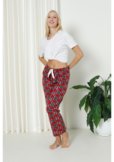 Luxury Soft Welsoft Polar Desenli Kurdeleli Kışlık Pijama Altı Pantolon Siyah Kırmızı Ekose Siyah - Kırmızı