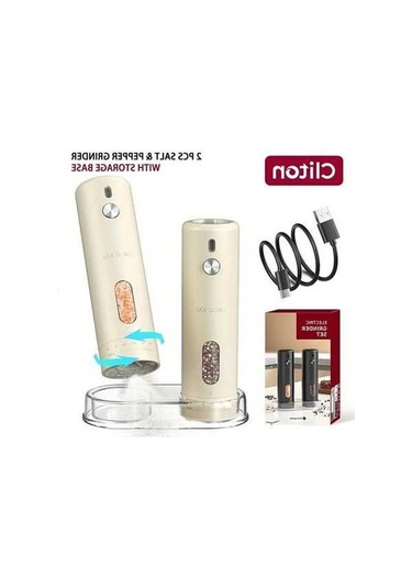 Trendooze Gaojunshop01 Şarj Edilebilir Biber Değirmeni - 2 Adet Beyaz Ayarlanabilir Değirmen + Saklama Tabanı Beyaz