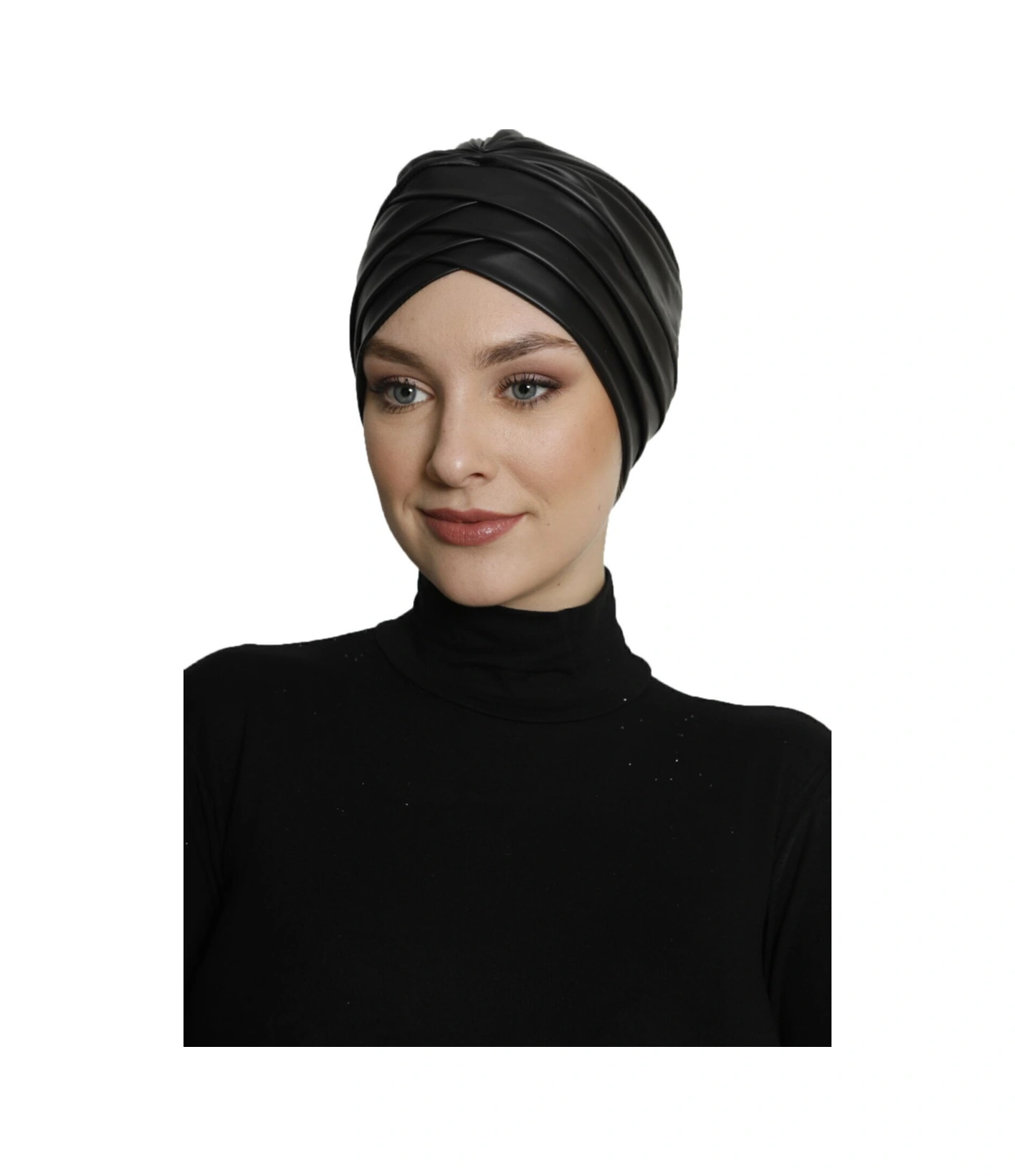 Üç Bantlı Deri Siyah Astarlı Hazır Türban Tesettür Bone Siyah