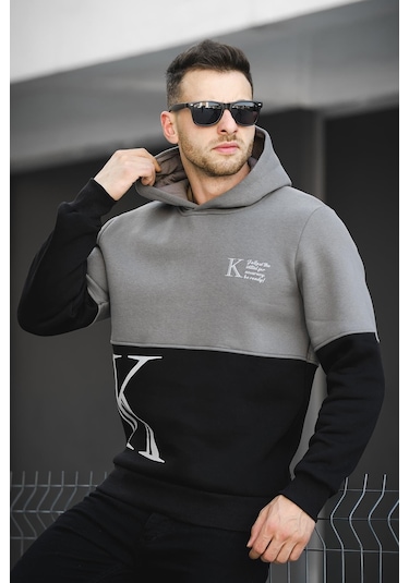 Oksit Kewin Üç İplik Şardonlu Baskılı Çift Renk Parçalı Kapüşonlu Erkek Sweatshirt 001