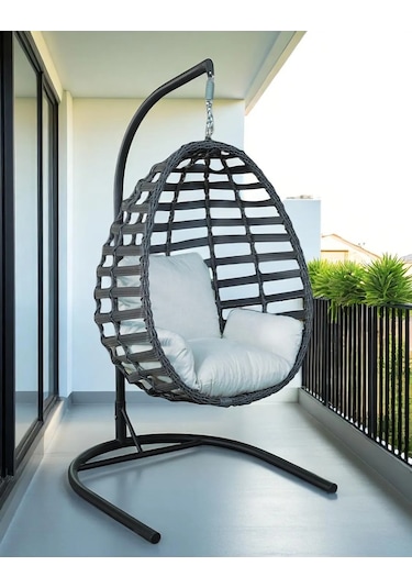 Armut Salıncak Tek Kişilik Rattan Örgü Bahçe Balkon Ev Salıncağı Gri