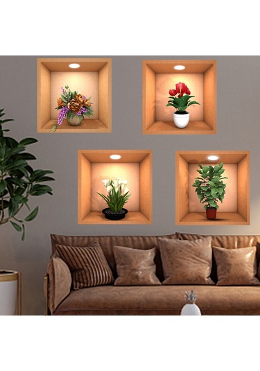 Tenfowee 3d Yeşil Bitki Desenli Duvar Sticker, Su Geçirmez, Kolay Uygulanır, 4 Adet, 30x30cm, Çeşitli Yüzeylere Uygulanabilir, Dekoratif Duvar Sticker Paketi Çok Renkli