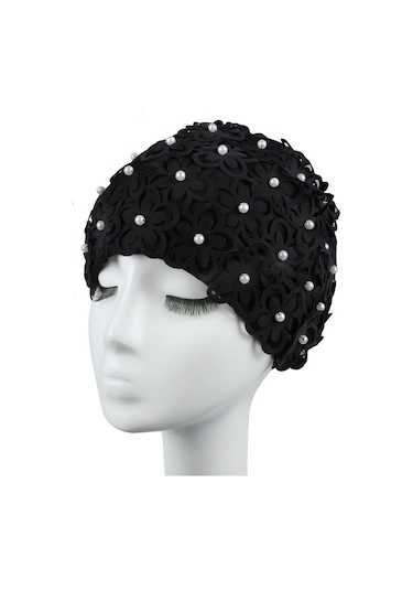 Siyah Vintage Çiçekli Yüzme Boneleri Kadın Şık Yüzme Boneleri D Siyah