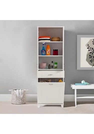 Banyo Ve Mutfak Dolabı Çamaşır Sepetli Pleksi Camlı Beyaz