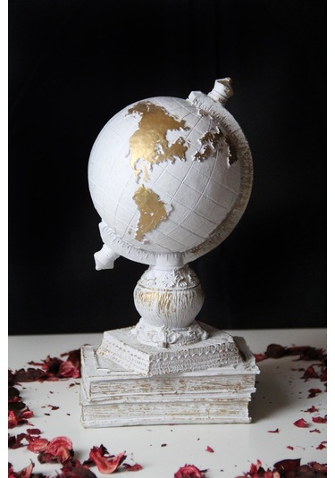 Doremcy Dekoratif Gümüş Kitaplı Dünya Küre Ev Ve Ofis Hediyelik Polyester Döküm Biblo Beyaz