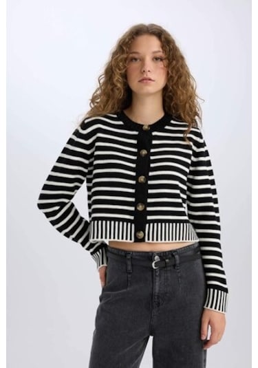 DeFacto Coool Regular Fit Çizgili Bisiklet Yaka Düğmeli Triko Hırka E2272AX24CWBK81 Siyah