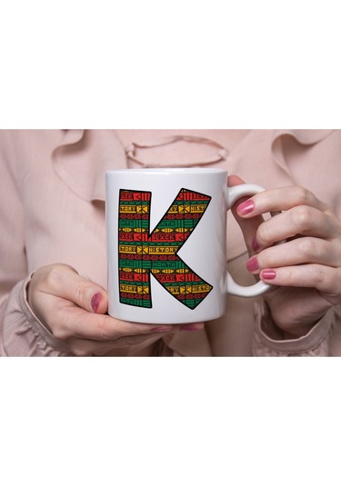 K Harfi Etnik Desenli Kupa - Afrika Tarzı Kahve Çay Kupası - Hediyelik - Black History Beyaz