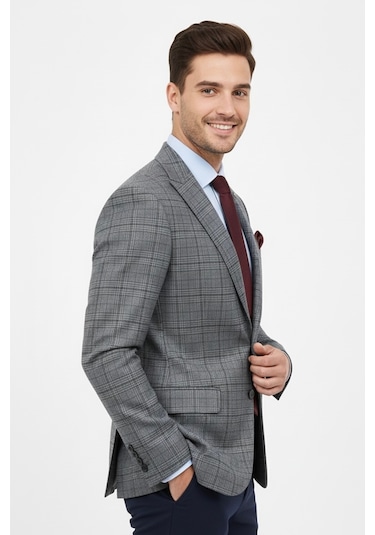 Presto Erkek 6 Drop Slimfit Kareli Ceket Gri 1635-070 Gri