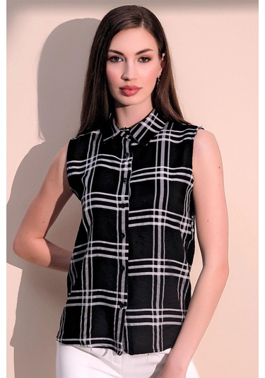 Kadın Siyah Kaliteli Üretim Kare Desen Ekose Kolsuz Gömlek Siyah