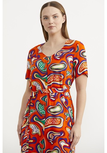 Önden Düğmeli Desenli Viskon Elbise - Oranj 001