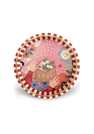 Love Desenli Yuvarlak Metal Tepsi, 31,5 Cm