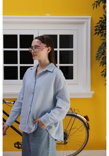 Müslin Uzun Kol Gömlek - Bebe Mavisi Karışık