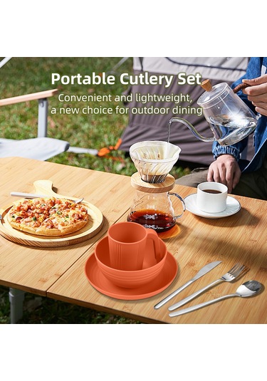 Samdoo Mavi 1 Kişilik Kamp Malzemesi: Buğday Samanı Tabak, Kase, Bardak Ve Paslanmaz Çelik Beste Bıçak, Kaşık, Çatal - Outdoor Piknik Yemeği Seti Mavi