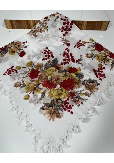 Sökme Boncuklu Pamuk Yazma - 05651 Beyaz,kırmızı