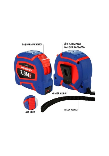 Workpro Wp261010 7,5mx25mm/25ft. Naylon Kaplama Sarı Çelik Şerit Metre Fr Wp261010 7.5 M